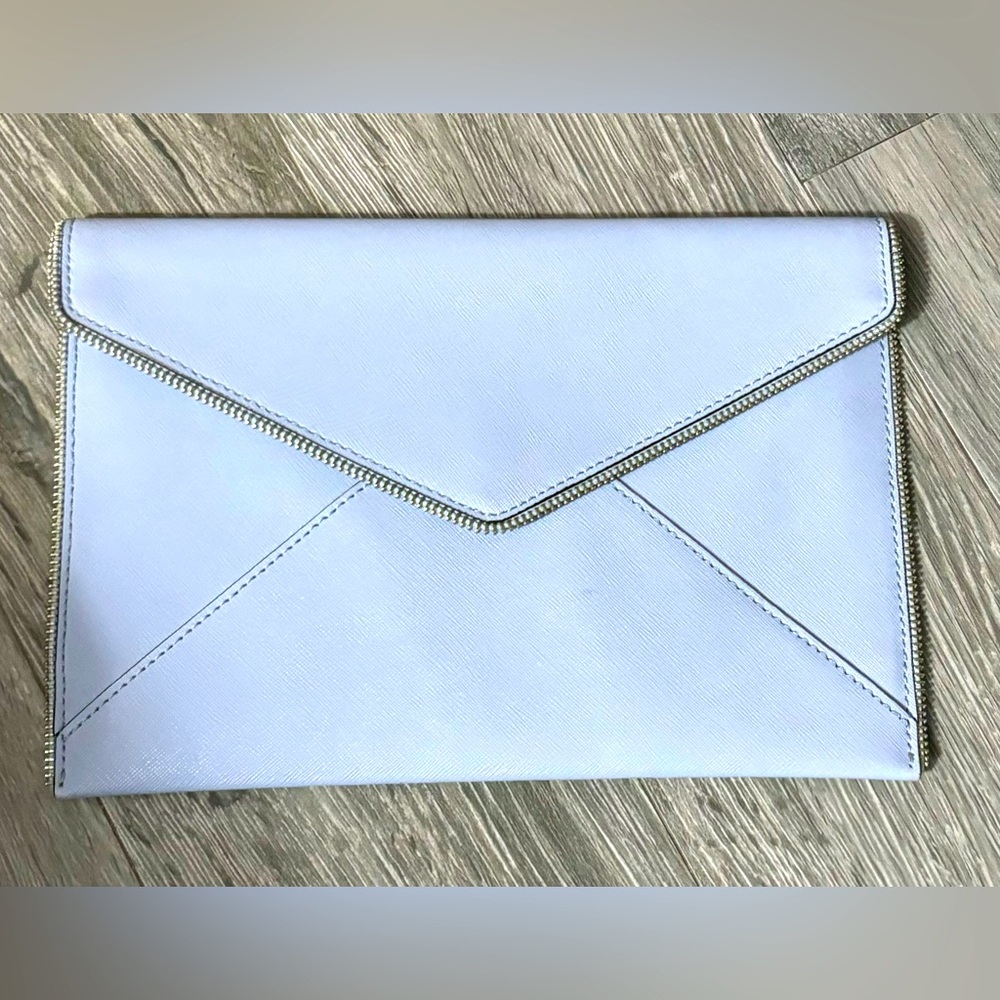 COPY - REBECCA MINKOFF LIGHT BLUE ENVELOPE CLUTCH W ZIPPERS SNAP CLOSURE